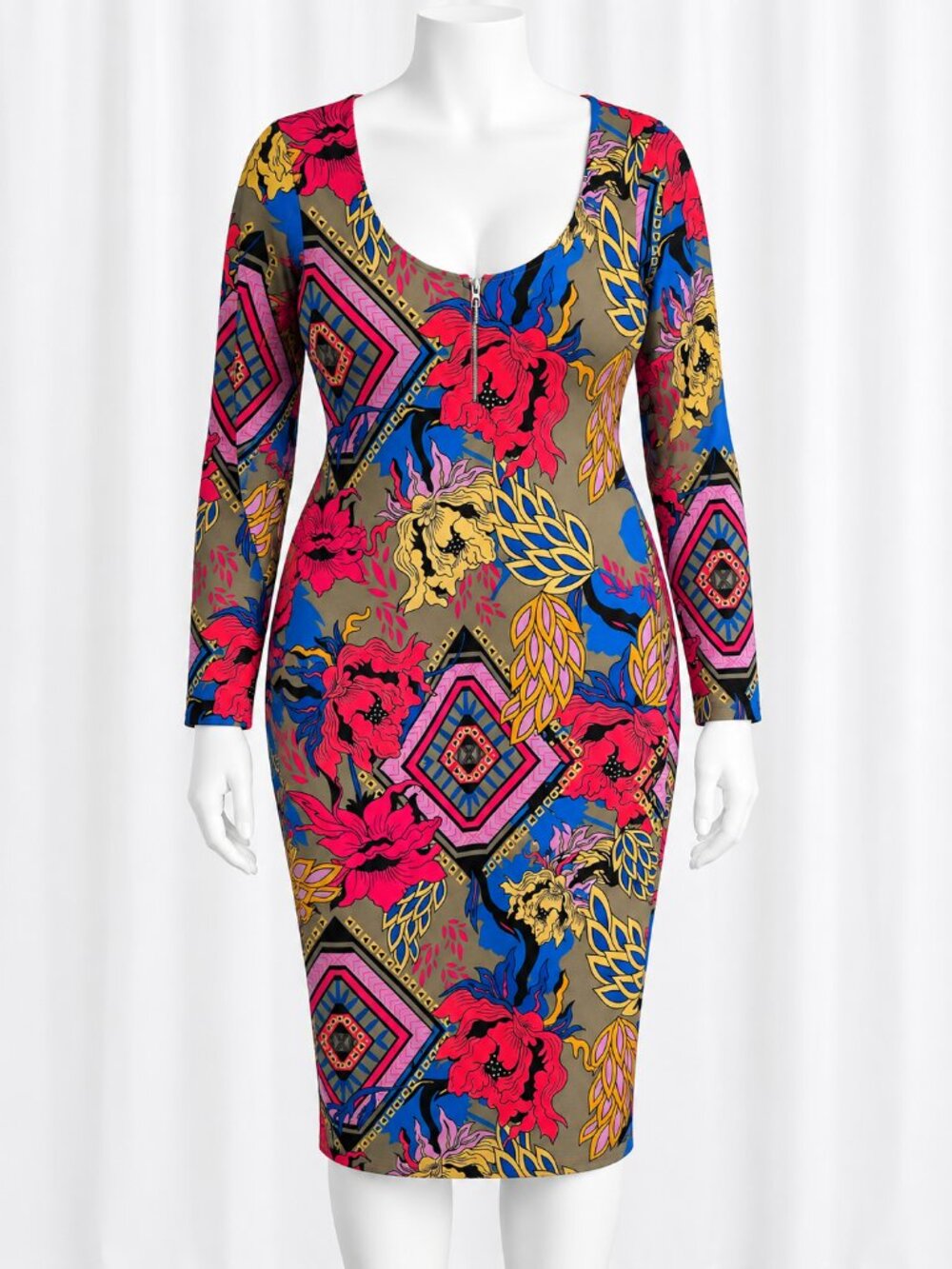 Nikki Minaj Modern Dress Zip Front Mixed Print Multicolor XL